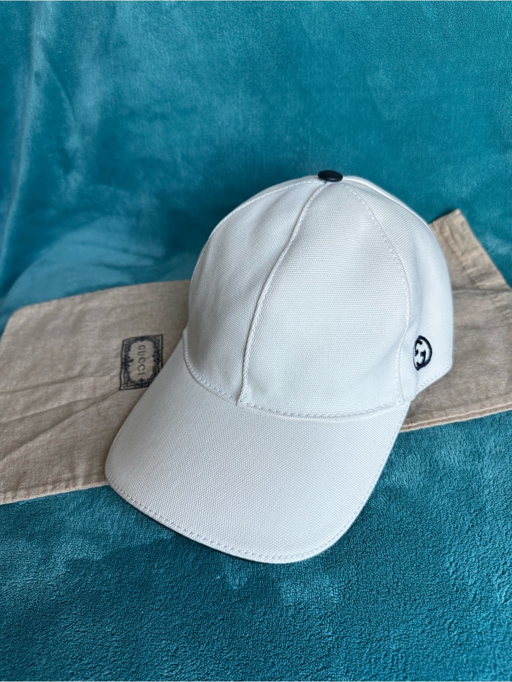 Gucci White Baseball Cap Hat M 58cm Web Stripe GG Logo Italy With Dustbag